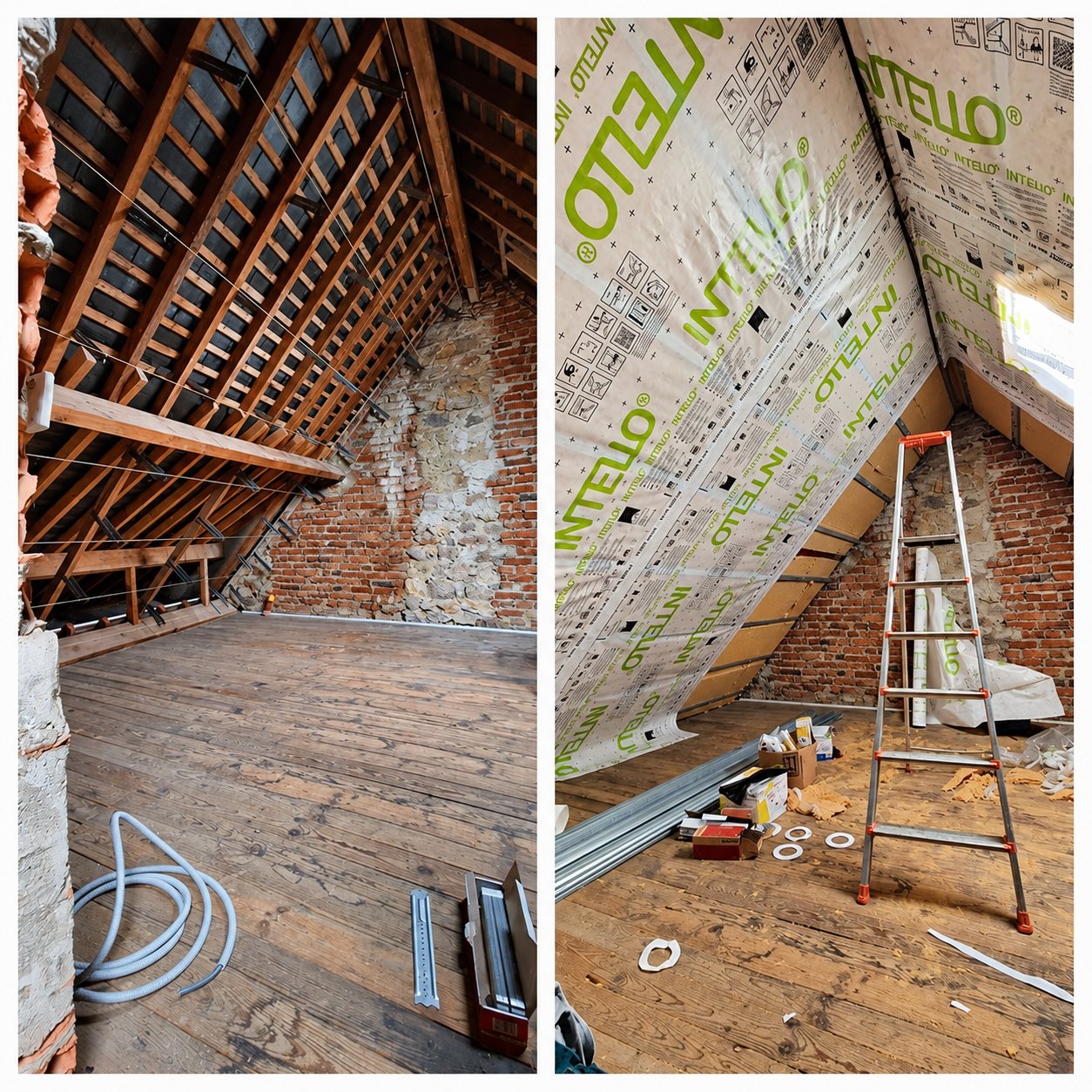 Photo avant et après de la rénovation d'un grenier : à gauche la charpente et le plancher bruts, à droite les combles isolés avec une membrane verte et une échelle.