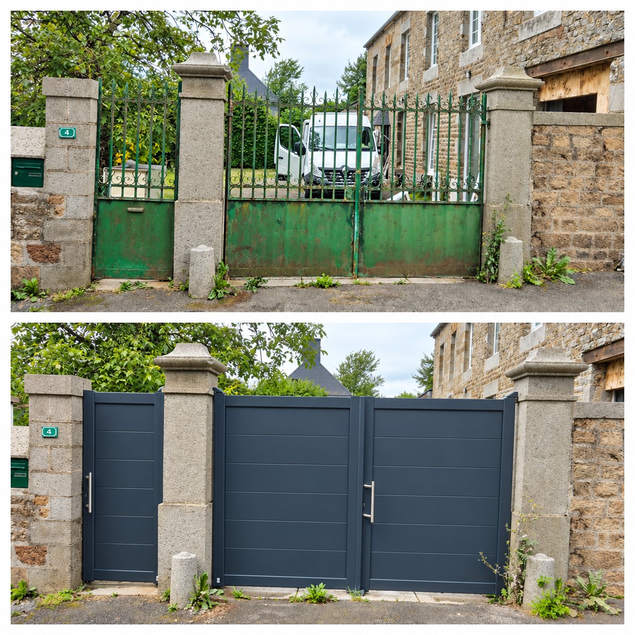 Photo avant et après montrant un vieux portail en fer vert remplacé par un portail et un portillon modernes gris anthracite entre des piliers en pierre.