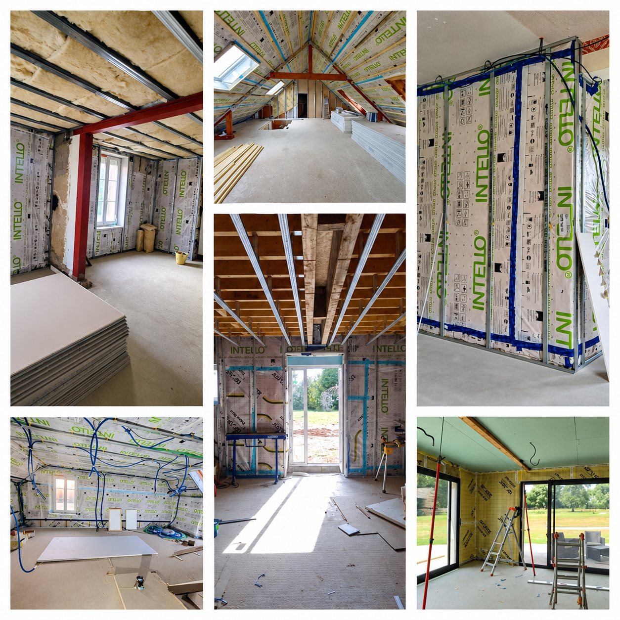 Collage de six photos de chantiers de rénovation montrant des combles et des pièces isolées avec une membrane Intello, des rails métalliques et des plaques de plâtre empilées.