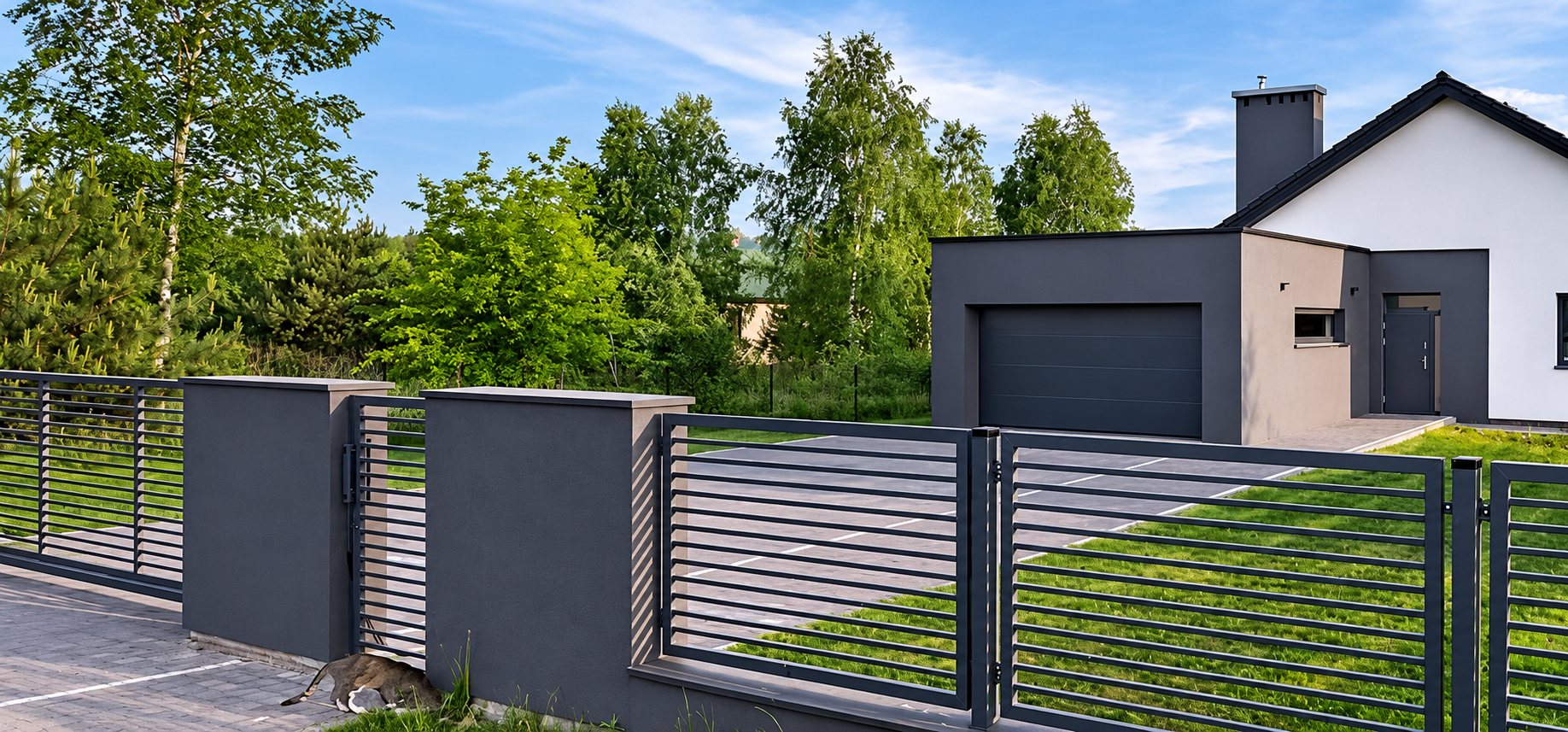 Une clôture et un portail gris à lames horizontales, entre des piliers en enduit, devant une maison contemporaine avec garage et jardin verdoyant.