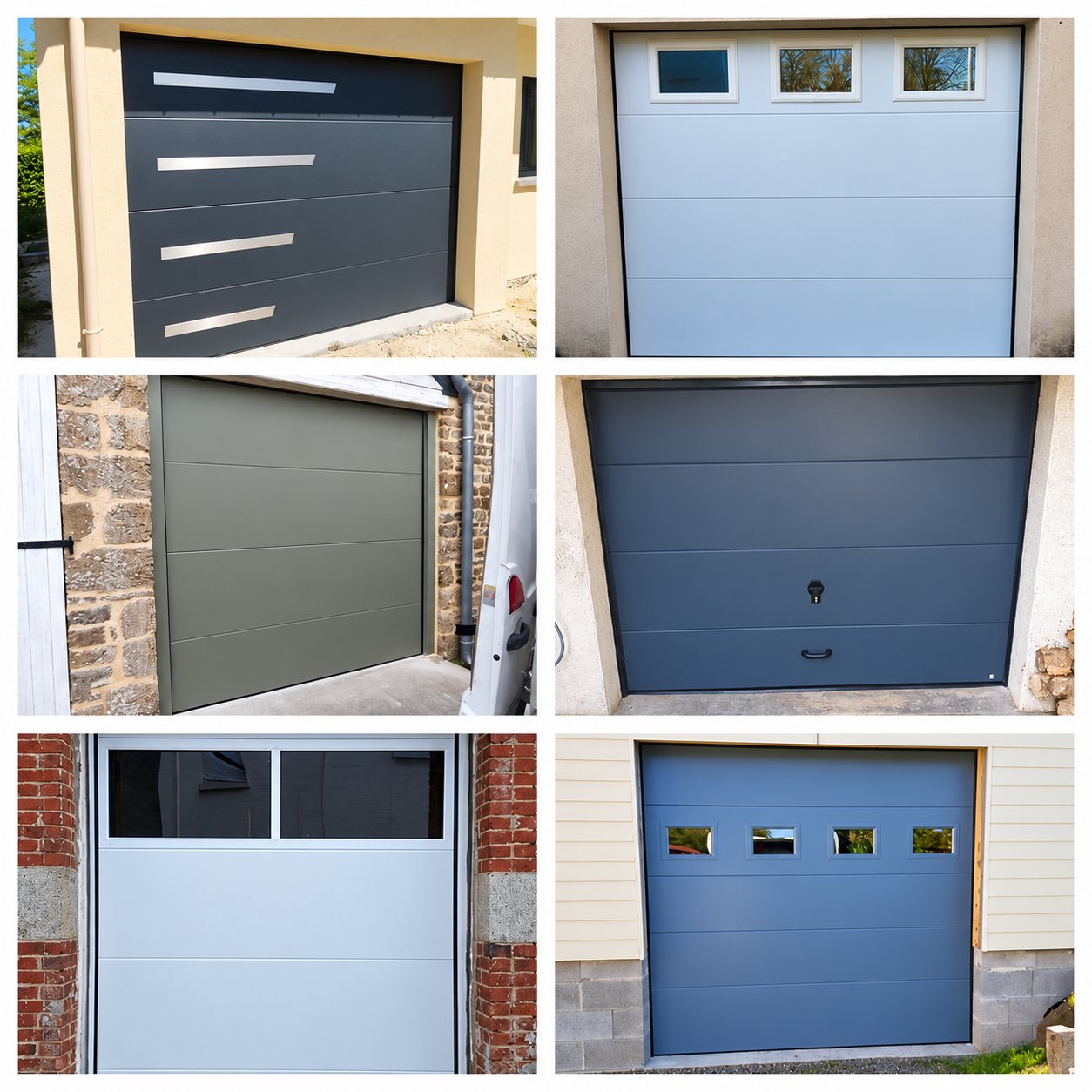 Collage de six photos montrant des portes de garage sectionnelles grises, vertes et blanches, certaines vitrées, installées sur des façades en pierre, en brique ou enduites.