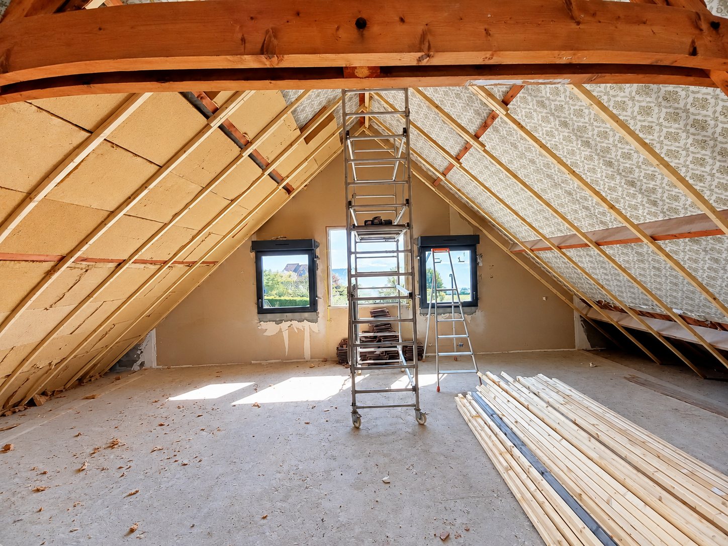 Vaste grenier en chantier dont la toiture est isolée par des panneaux de bois, avec un échafaudage roulant, une échelle et des lattes de bois empilées au sol.