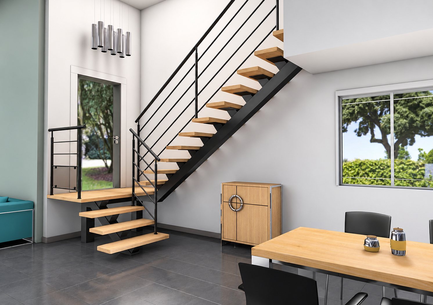 Rendu 3D d'un escalier quart tournant à marches en bois et structure métallique noire, installé dans une pièce de vie avec table en bois et buffet.
