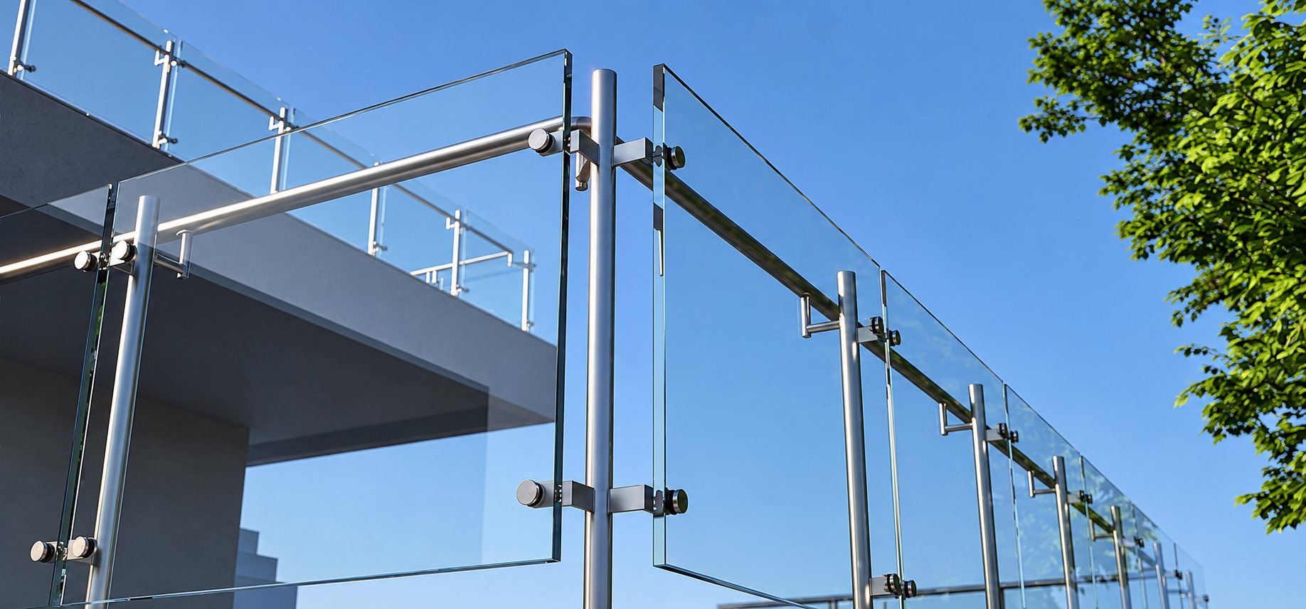 Vue en contre-plongée d'un garde-corps composé de panneaux de verre fixés sur des poteaux en inox, devant un ciel bleu et un feuillage.