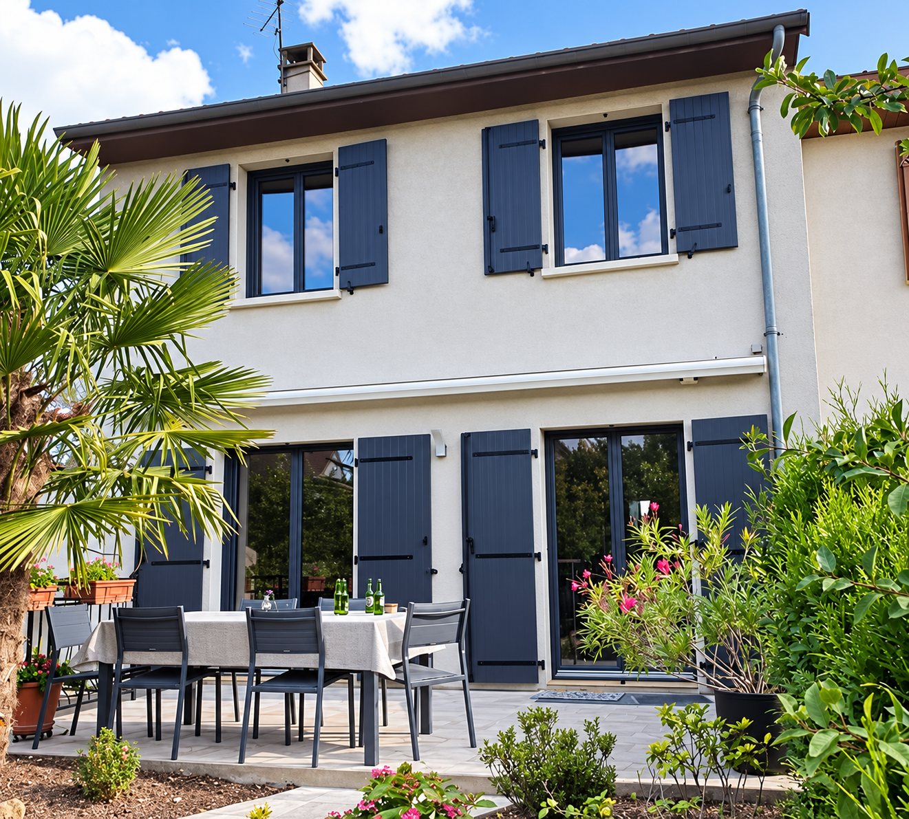 Façade d'une maison à étage avec volets battants gris anthracite, baies vitrées et terrasse équipée d'une table et de chaises, entourée de plantes.