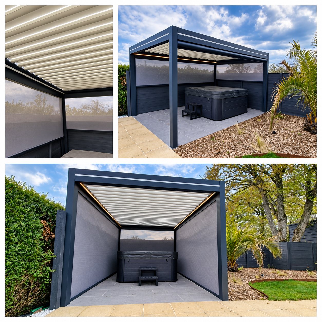 Collage de trois photos montrant une pergola bioclimatique gris anthracite à lames orientables et stores, installée au-dessus d'un spa dans un jardin.