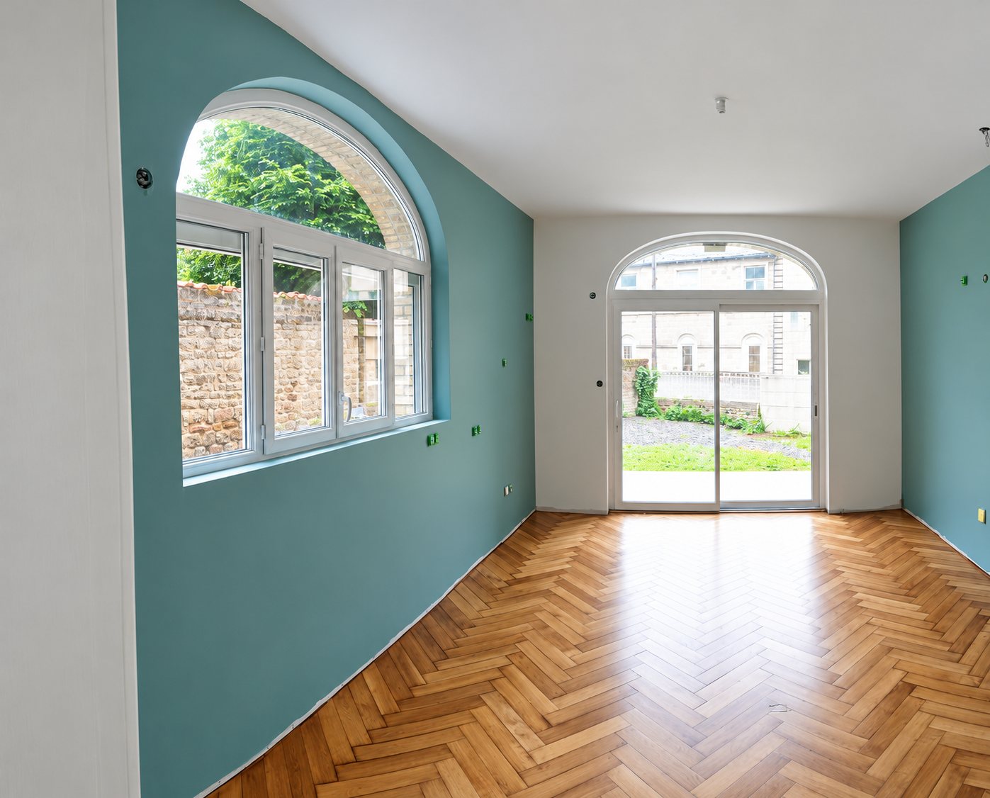 Une pièce vide fraîchement rénovée aux murs peints en bleu-vert, avec un parquet en chevrons, une fenêtre cintrée et une porte-fenêtre coulissante donnant sur un jardin.