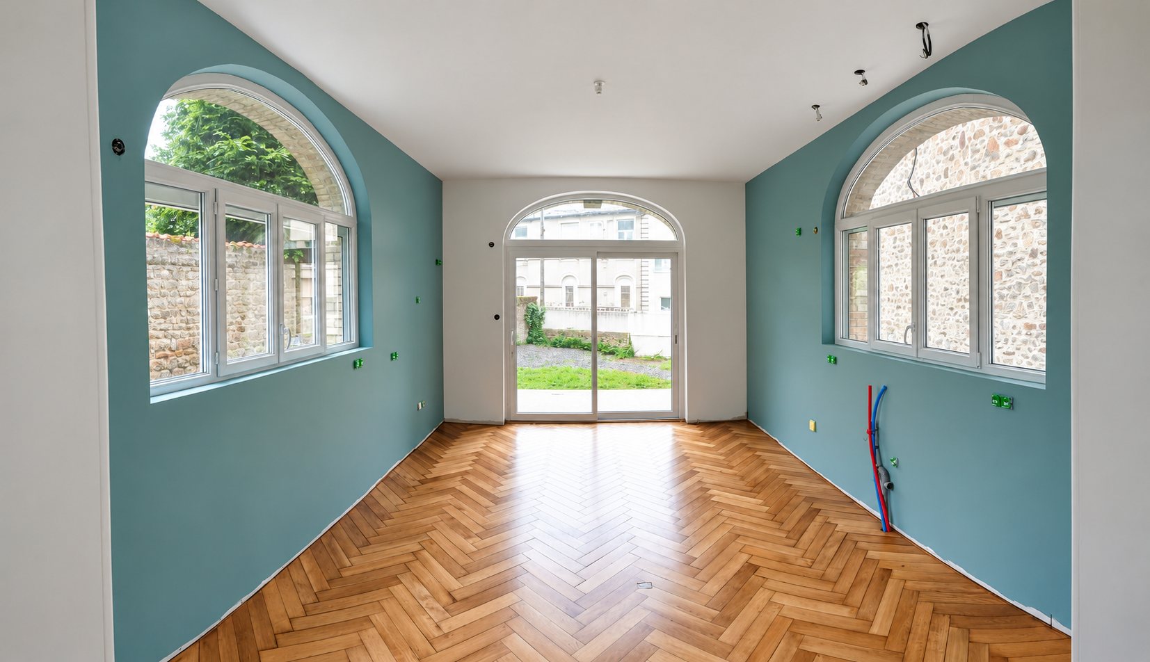 Pièce vide fraîchement rénovée aux murs bleu-vert, avec parquet en chevrons, deux fenêtres cintrées et une porte-fenêtre donnant sur le jardin.