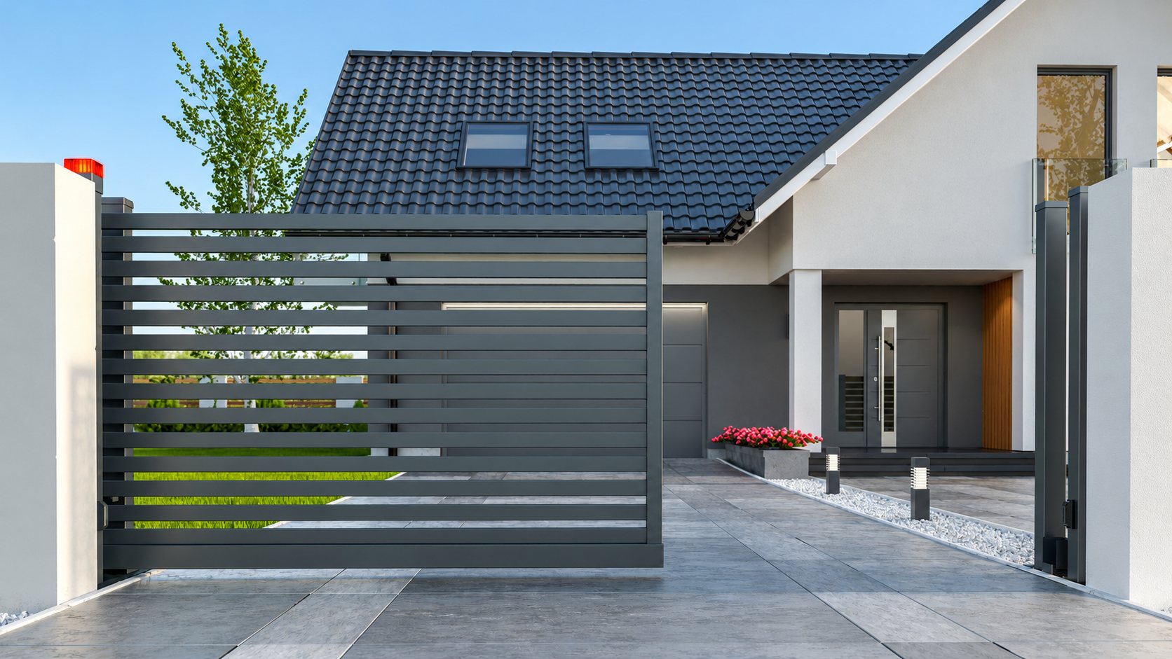Un portail coulissant en aluminium gris anthracite à lames horizontales ferme l'entrée d'une maison moderne au toit sombre, avec une allée dallée et des fleurs rouges.