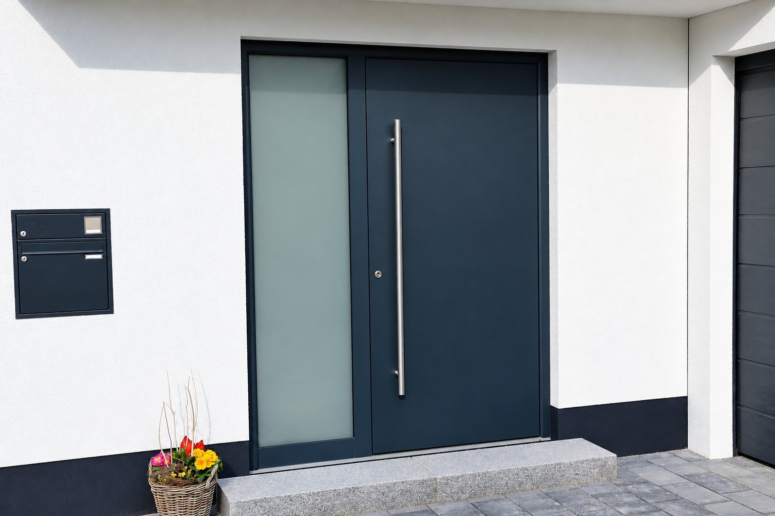 Une porte d'entrée gris anthracite avec longue poignée inox et panneau latéral en verre dépoli, installée dans une façade blanche à côté d'une boîte aux lettres et d'un panier de fleurs.