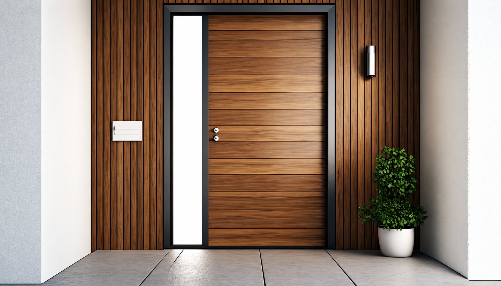 Porte d'entrée contemporaine en bois à lames horizontales, encadrée de noir, avec un panneau vitré lumineux, une boîte aux lettres et une plante en pot.