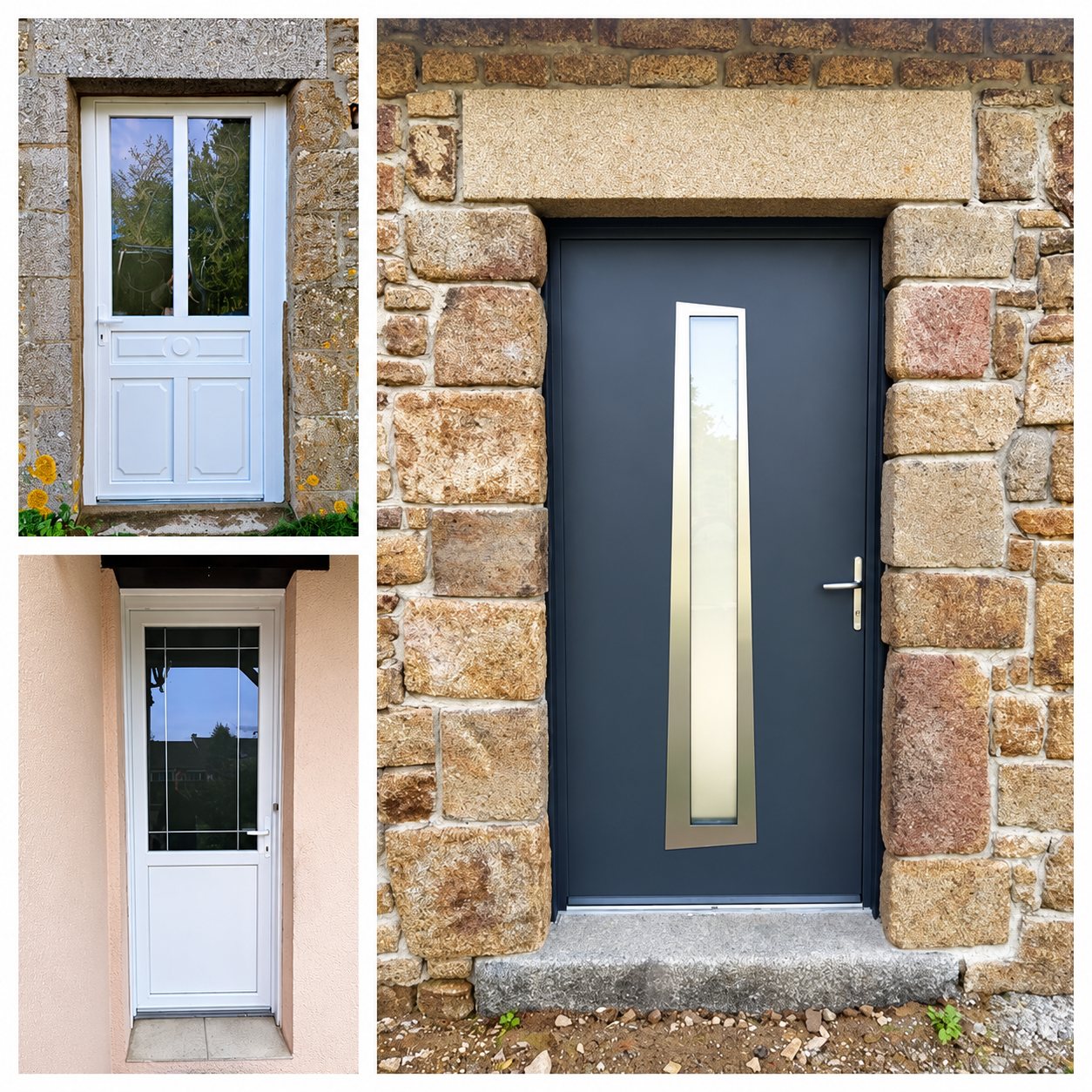 Montage de trois photos montrant des portes d'entrée posées : deux portes blanches vitrées et une porte grise moderne avec une longue vitre verticale, dans des murs en granit ou en enduit rose.
