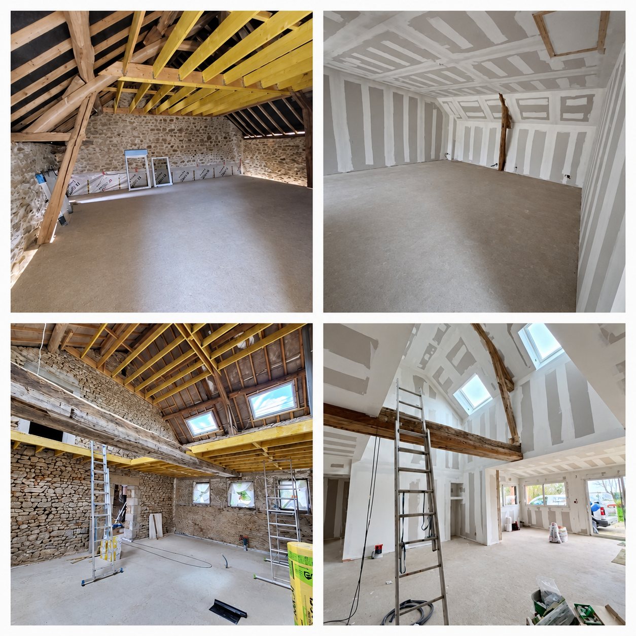 Quatre vues d'un grand volume sous charpente en cours de rénovation, avec murs en pierre, isolation, nouvelles fenêtres de toit et cloisons en plaques de plâtre.
