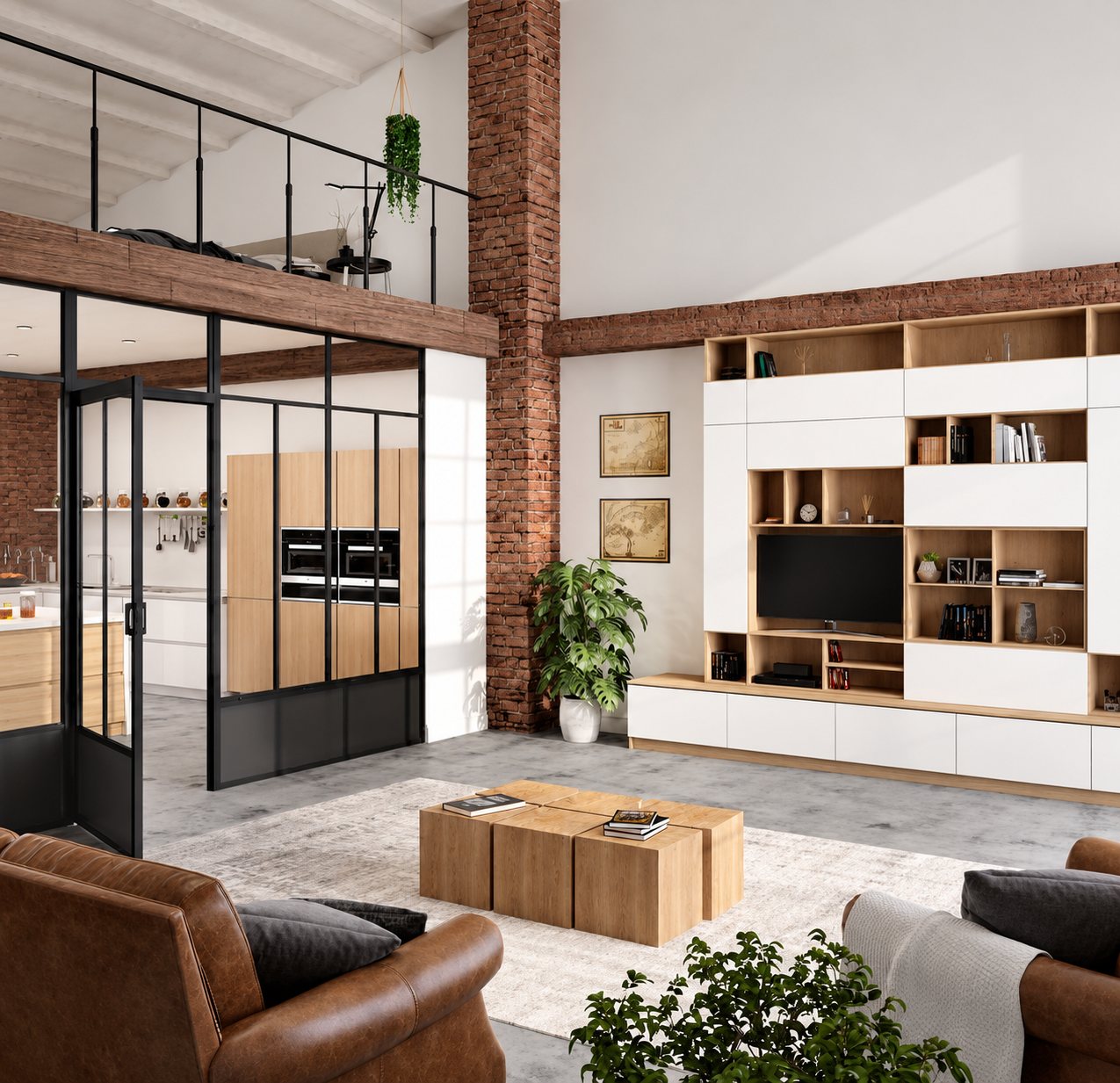 Un salon de style loft avec un grand meuble bibliothèque blanc et bois, une table basse en blocs de bois, des canapés en cuir et une cuisine séparée par une verrière noire.