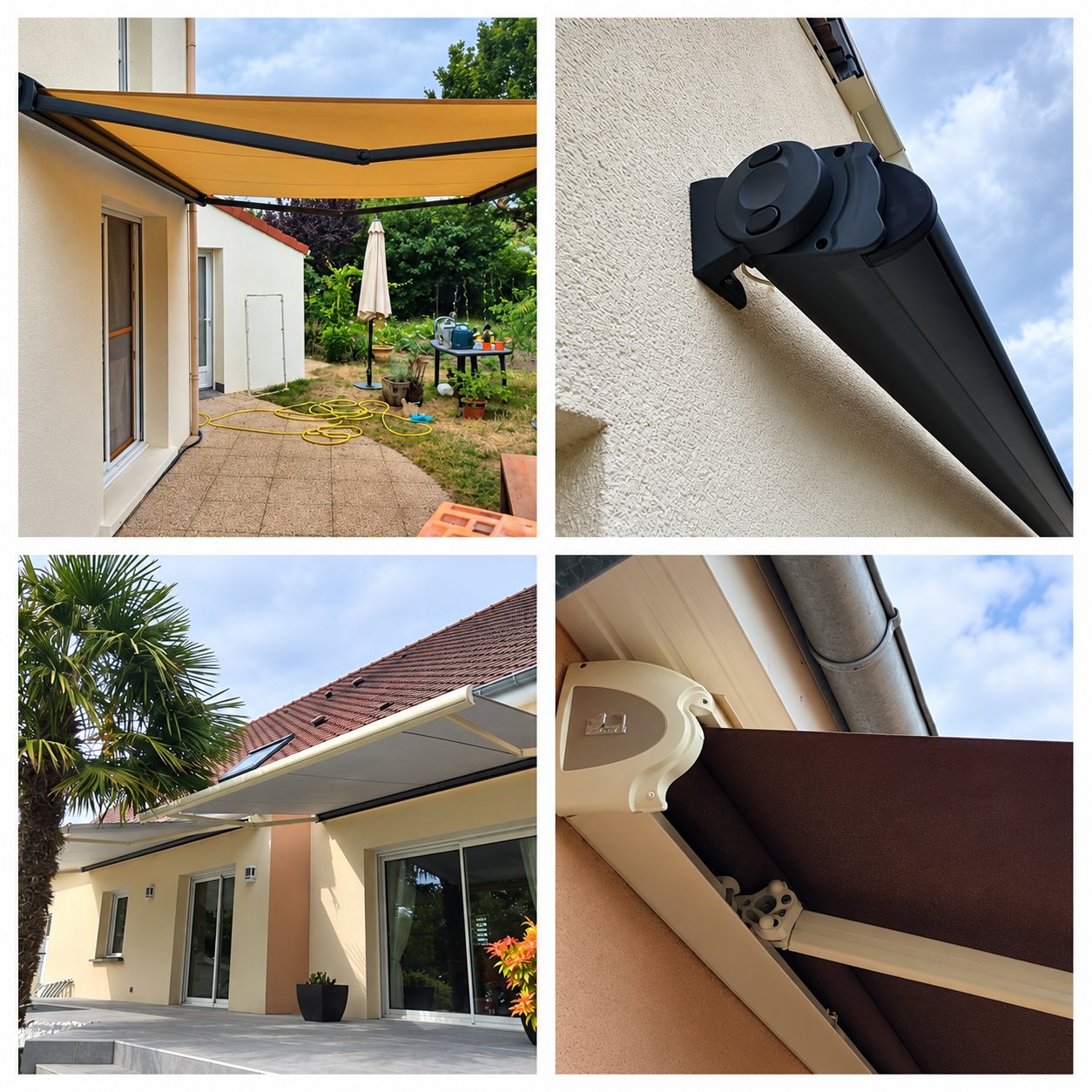 Collage de quatre photos montrant des stores bannes installés sur des façades de maisons, avec détails des bras et des coffres.