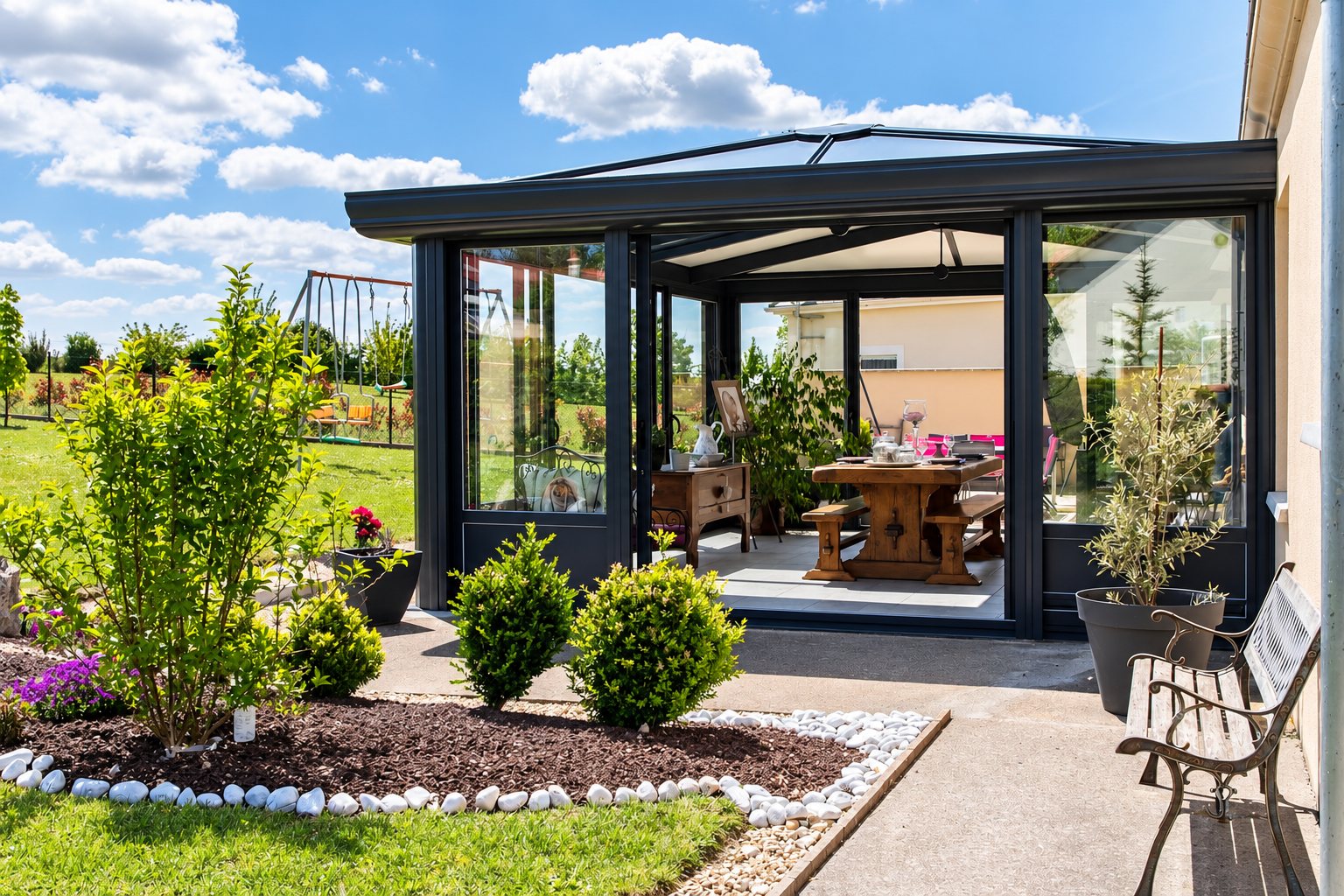 Une véranda moderne à structure gris anthracite abrite une table en bois et des bancs, entourée d'un massif de buissons, de galets blancs et d'une pelouse.